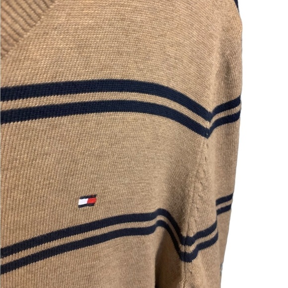 NEW Tommy Hilfiger Striped Cotton Sweater V Neck Camel and Navy Mens Small - Picture 5 of 11